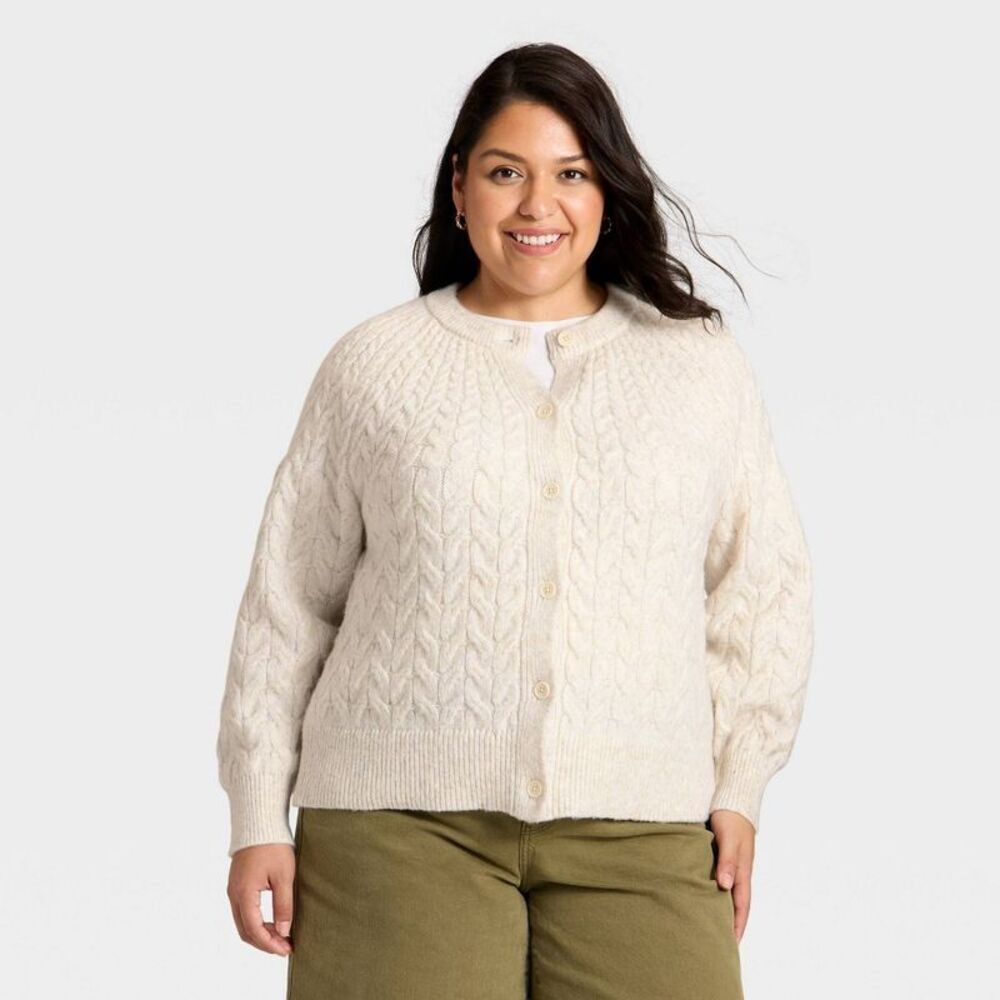 Women's Button-Front Cable Knit Cardigan Sweater - Ava & Viv Oatmeal 2X
